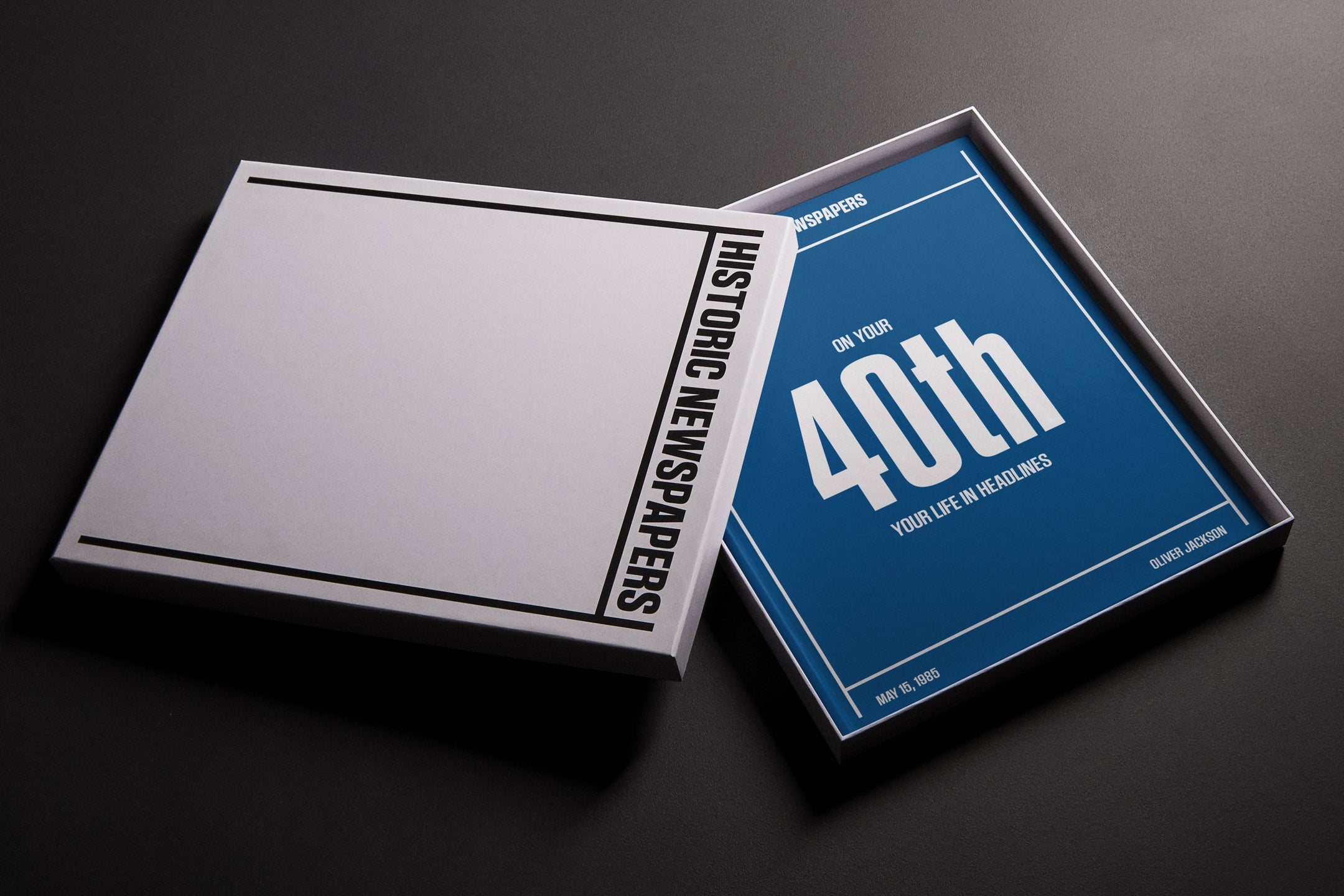 Historic Newspapers 40th Milestone Birthday Newspaper Book in blue gift box, featuring a personalized newspaper collection for special milestone.