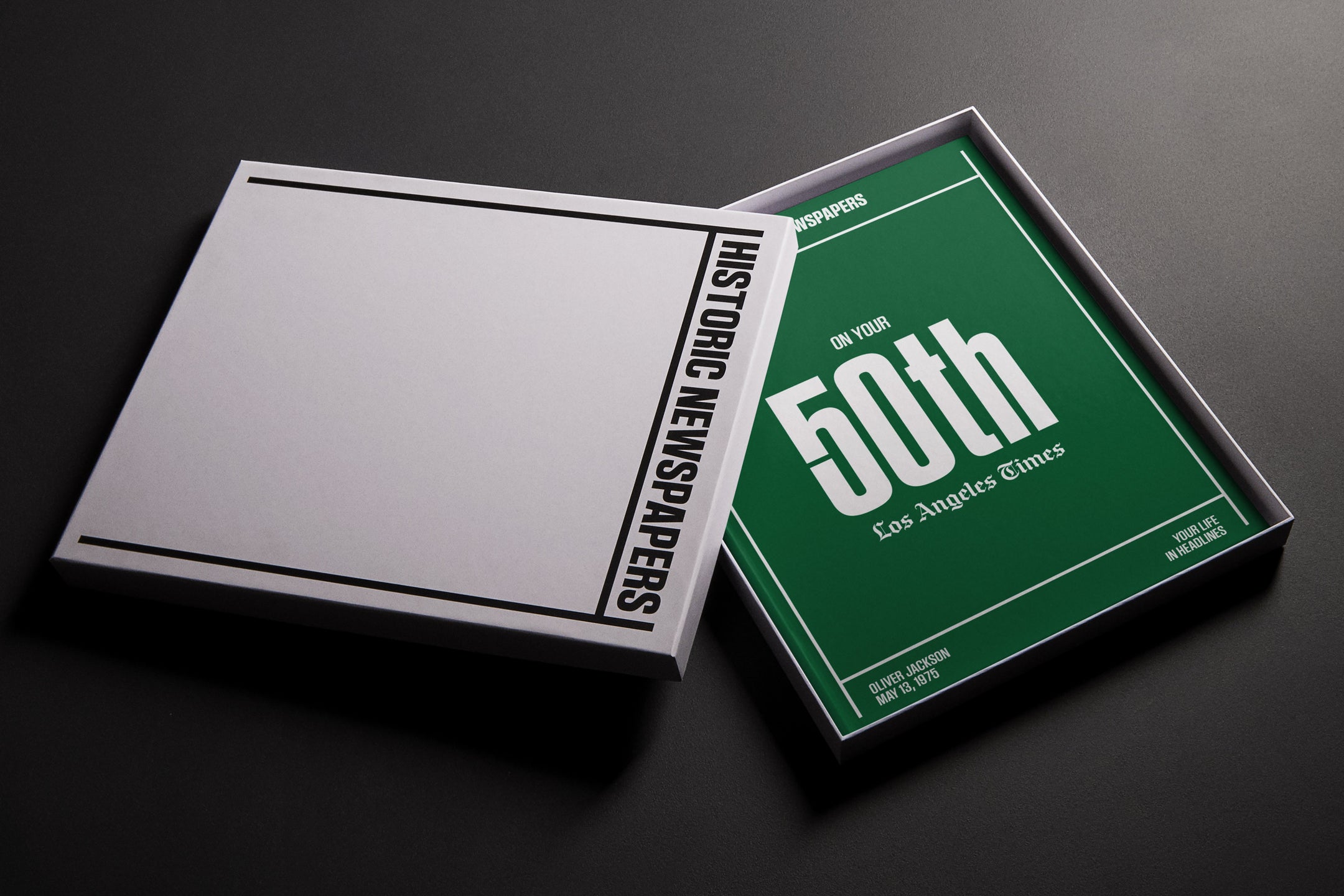 50th Milestone Birthday Newspaper Book by Historic Newspapers, Los Angeles Times edition, featuring historical newspaper pages in a gift box.