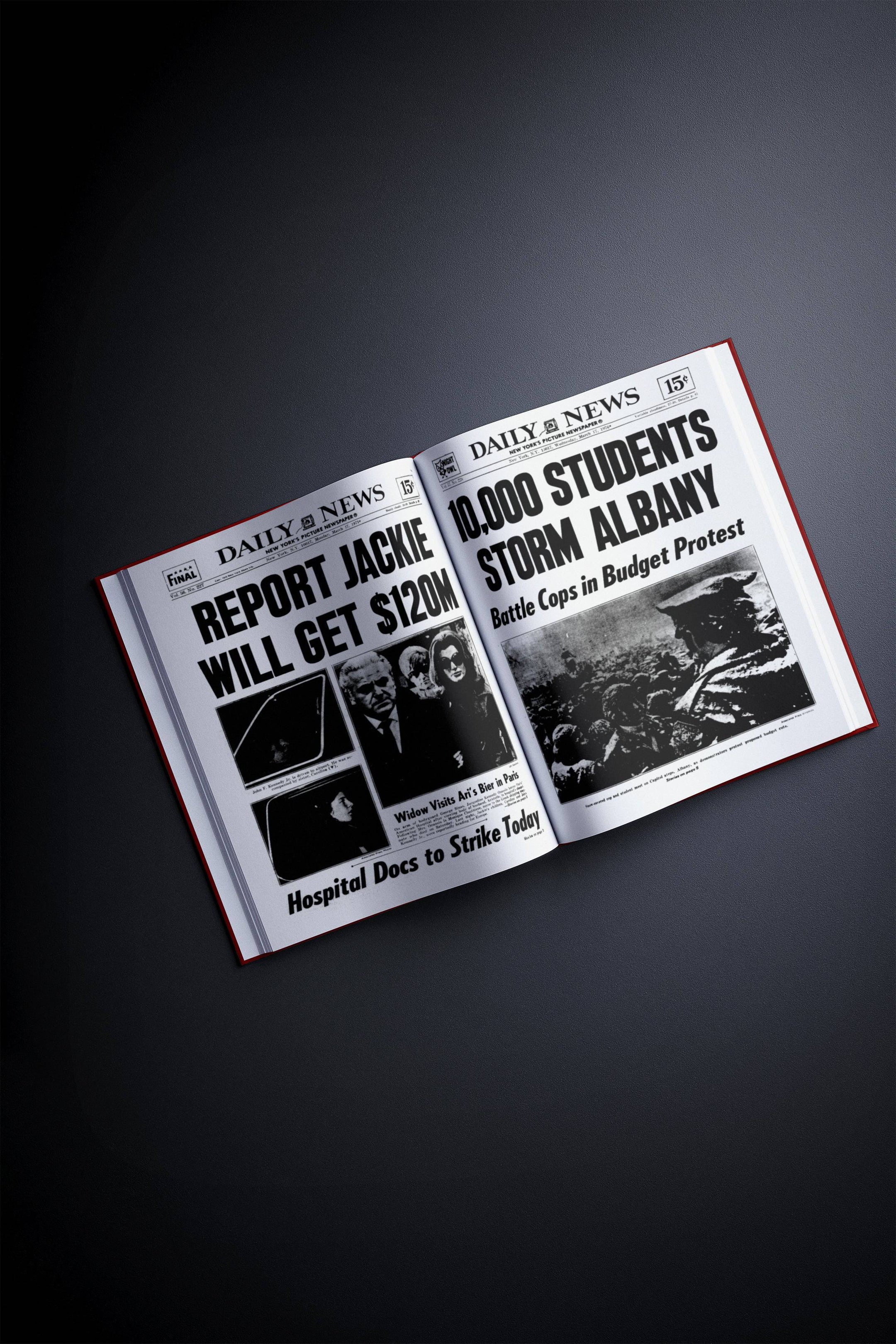 Historic Newspapers 50th Milestone Birthday Newspaper Book featuring the New York Daily News edition in classic maroon.