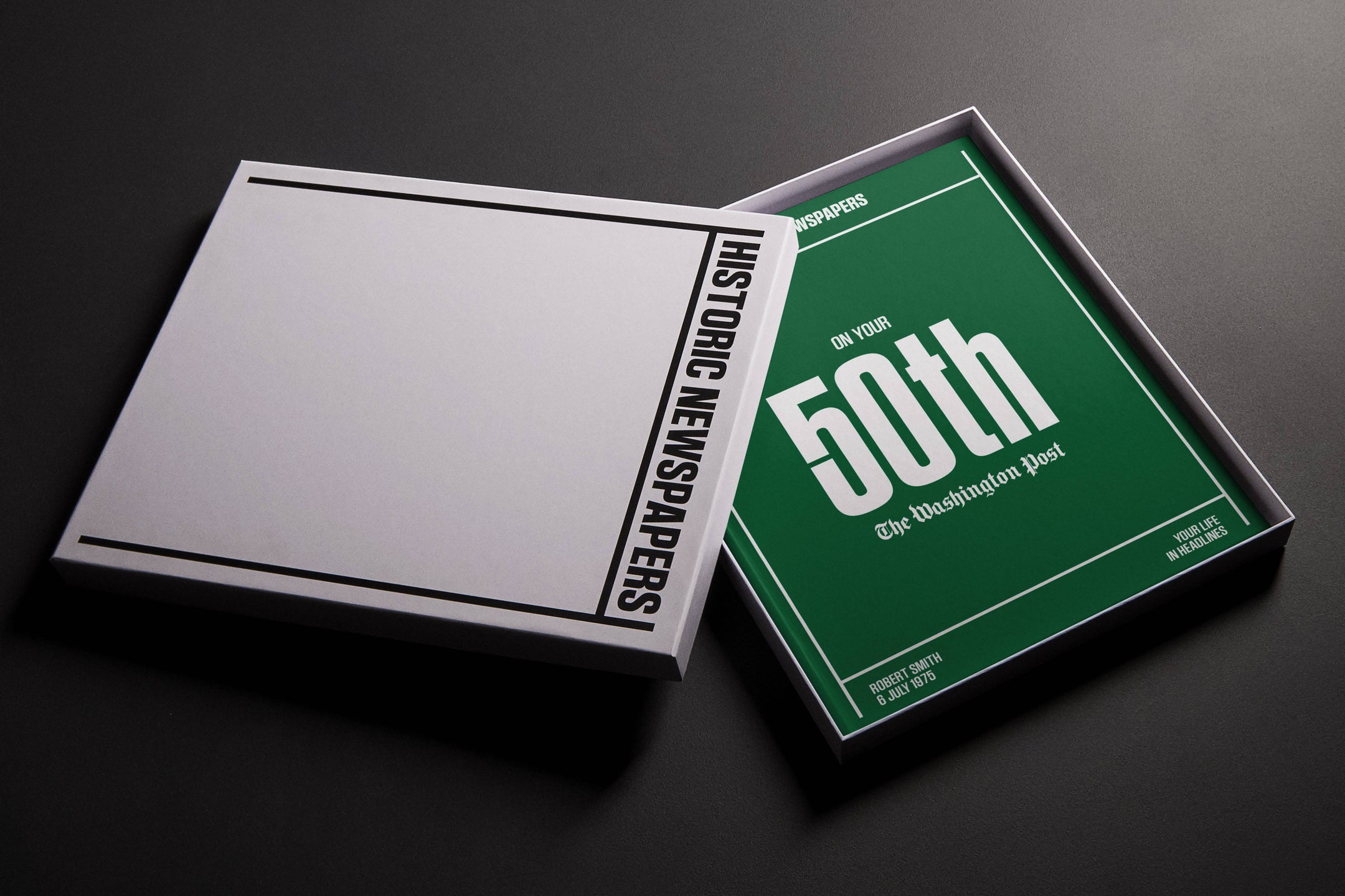 Historic Newspapers 50th milestone birthday newspaper book featuring Washington Post edition, displayed in a green gift box.