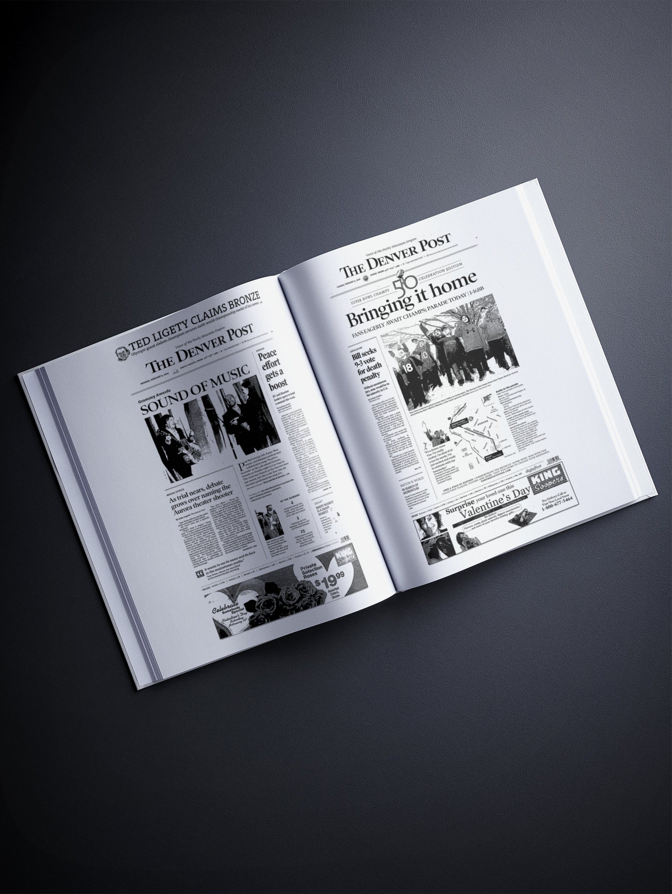 Personalised Denver Post birthday newspaper book by Historic Newspapers, featuring a printed edition spread of the Denver Post.