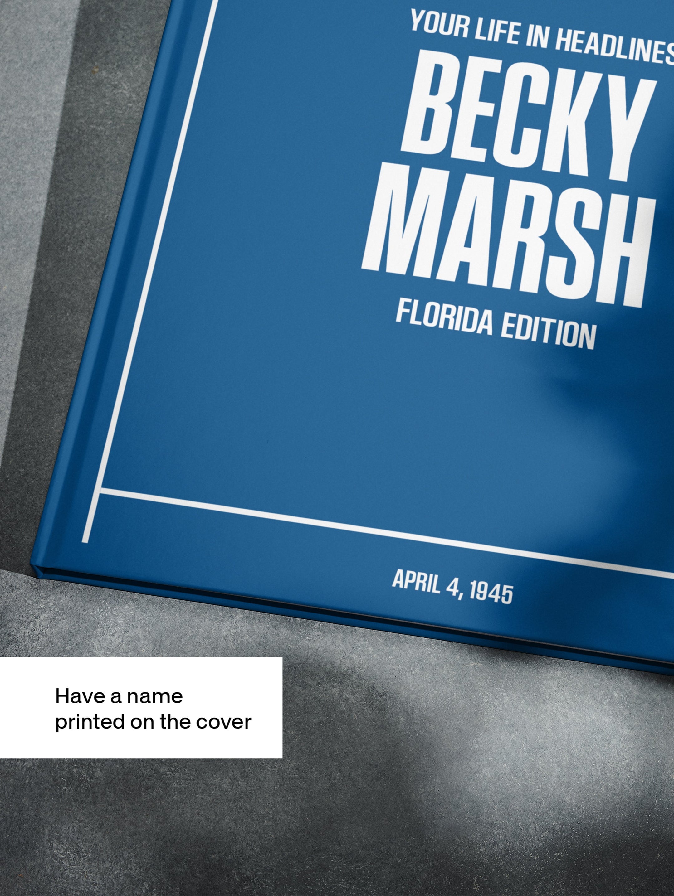 Personalised Florida edition birthday newspaper book by Historic Newspapers, featuring a vintage-style newsstand cover in blue.