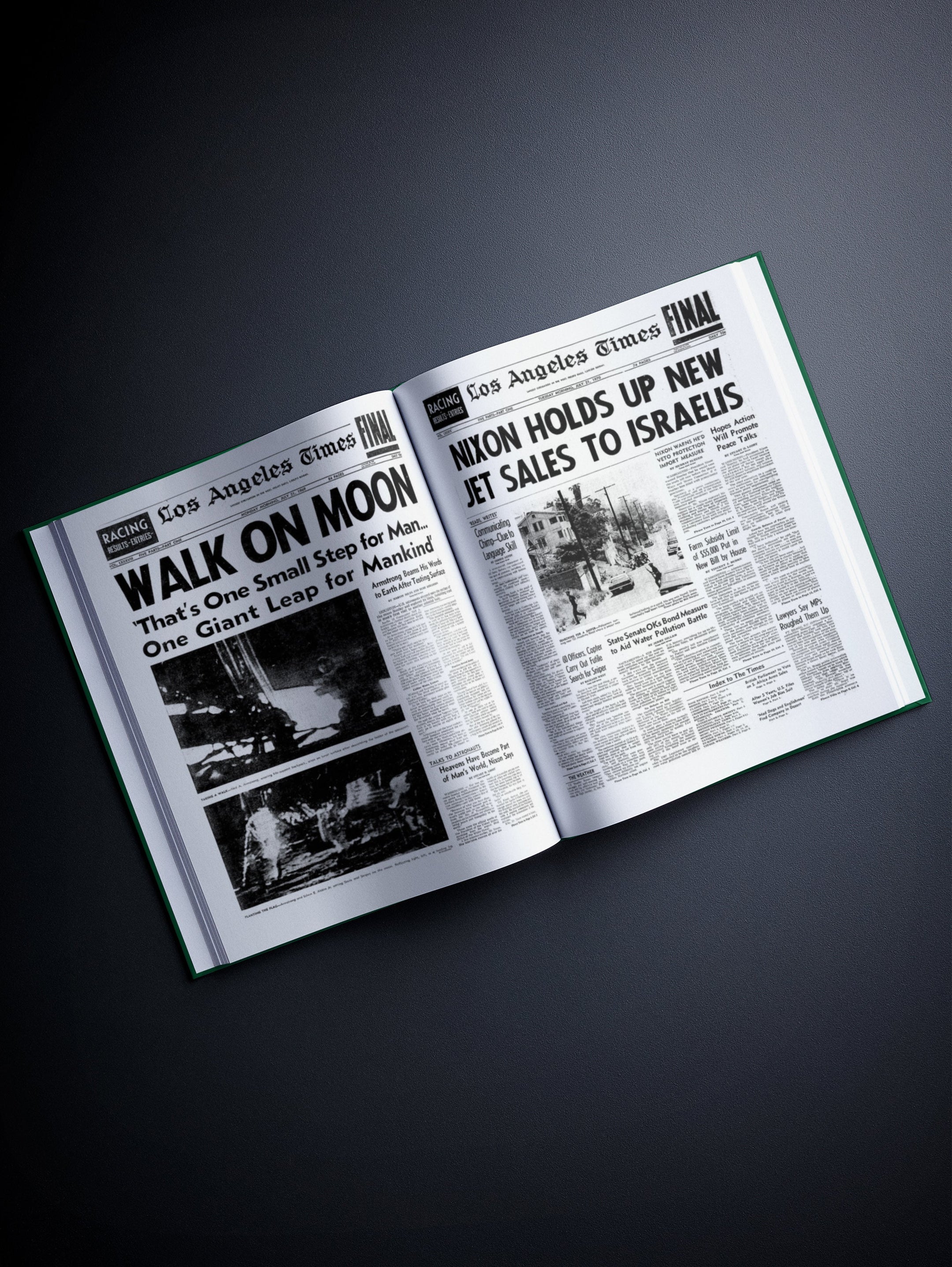Personalised Los Angeles Times birthday newspaper book by Historic Newspapers, featuring a classic green cover and historic newspaper pages.