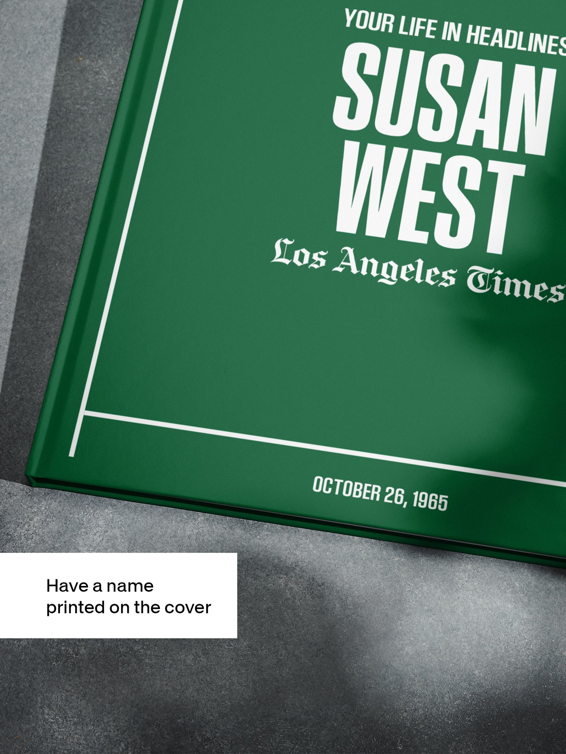 Personalised Los Angeles Times birthday newspaper book by Historic Newspapers, featuring a vintage newspaper on a green newsstand.
