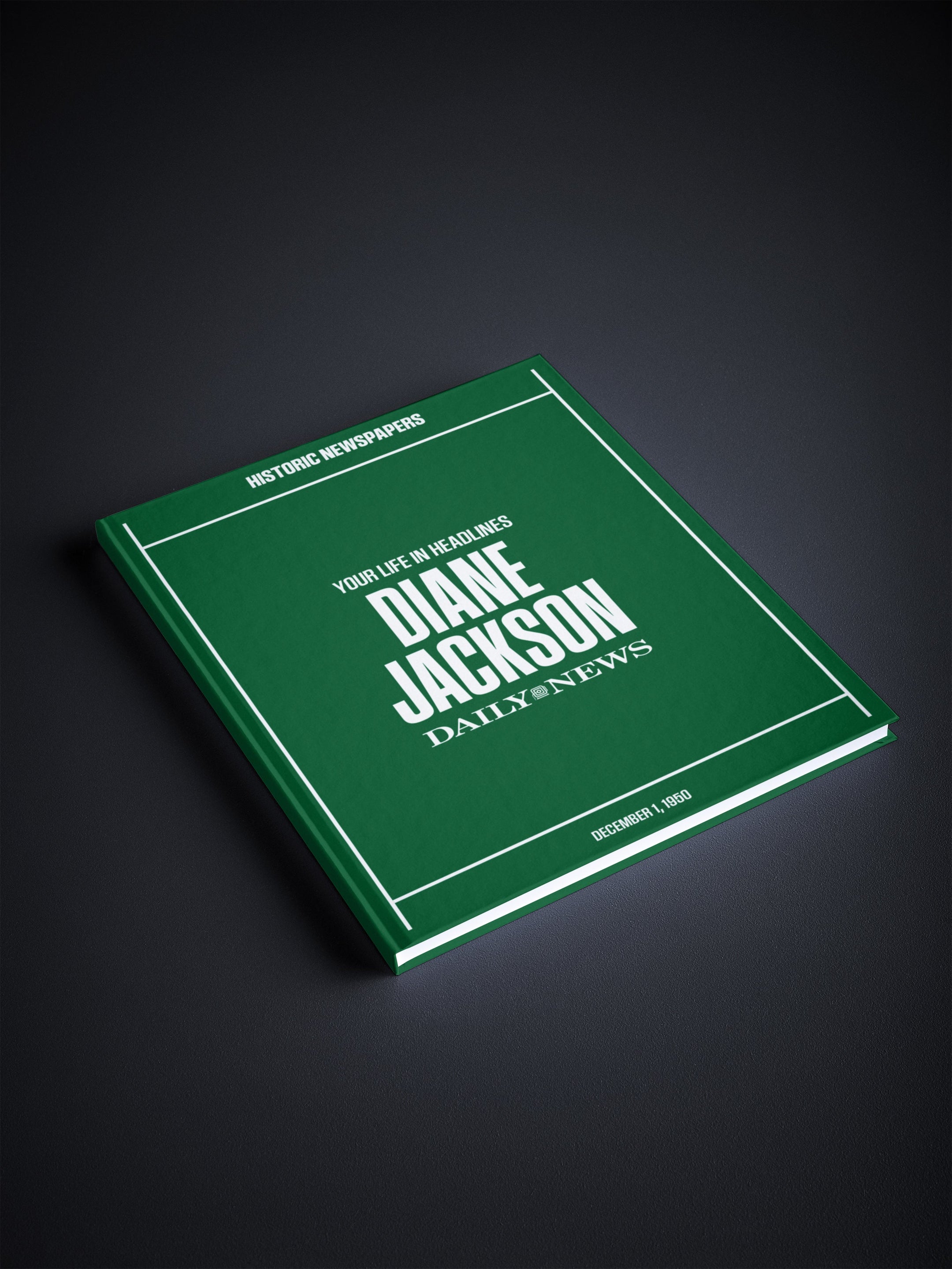 Personalised birthday newspaper book featuring New York Daily News edition from Historic Newspapers, with vintage newspaper on green background.