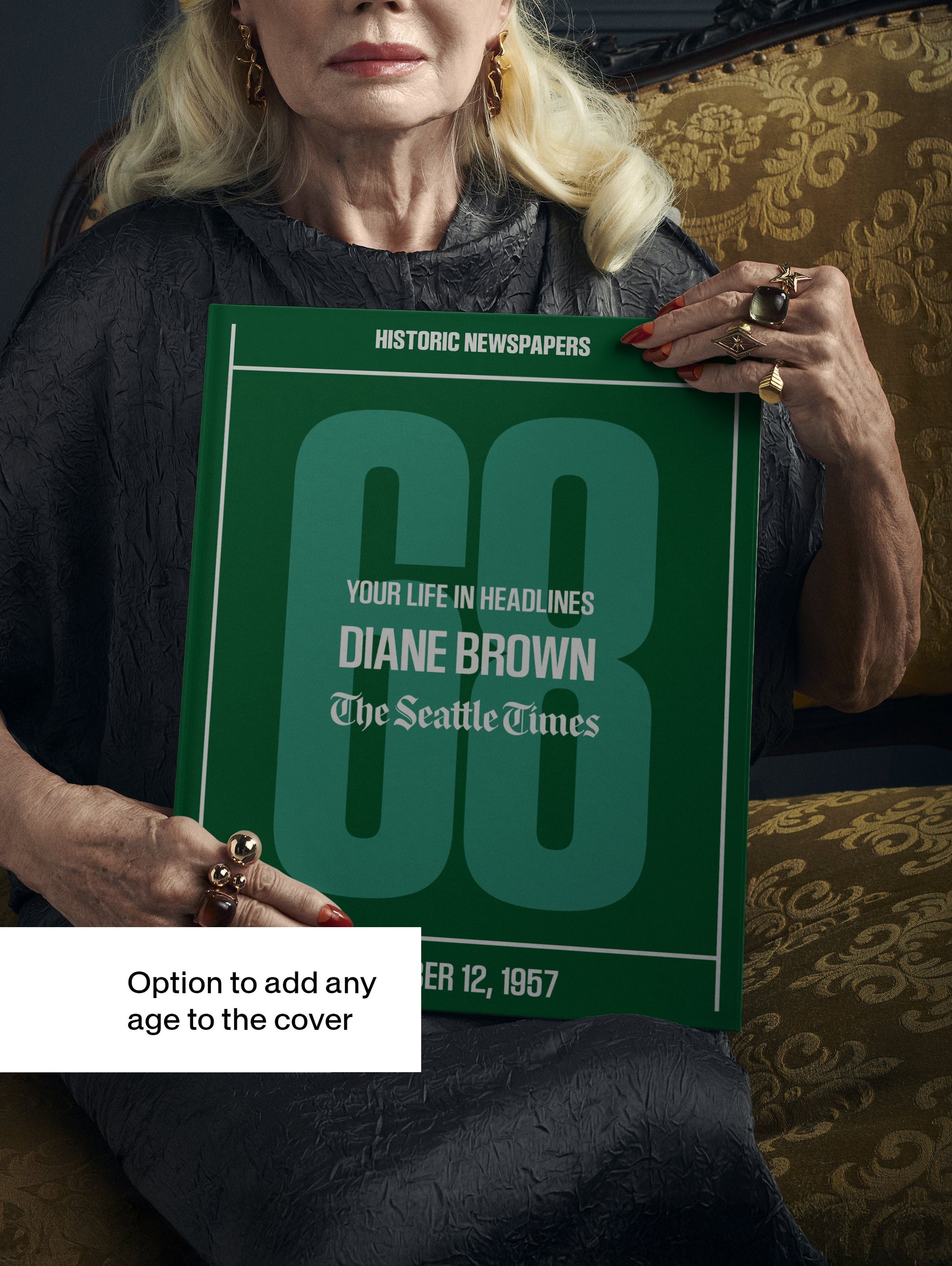 Personalised Seattle Times birthday newspaper book with green cover, celebrating a milestone, by Historic Newspapers.