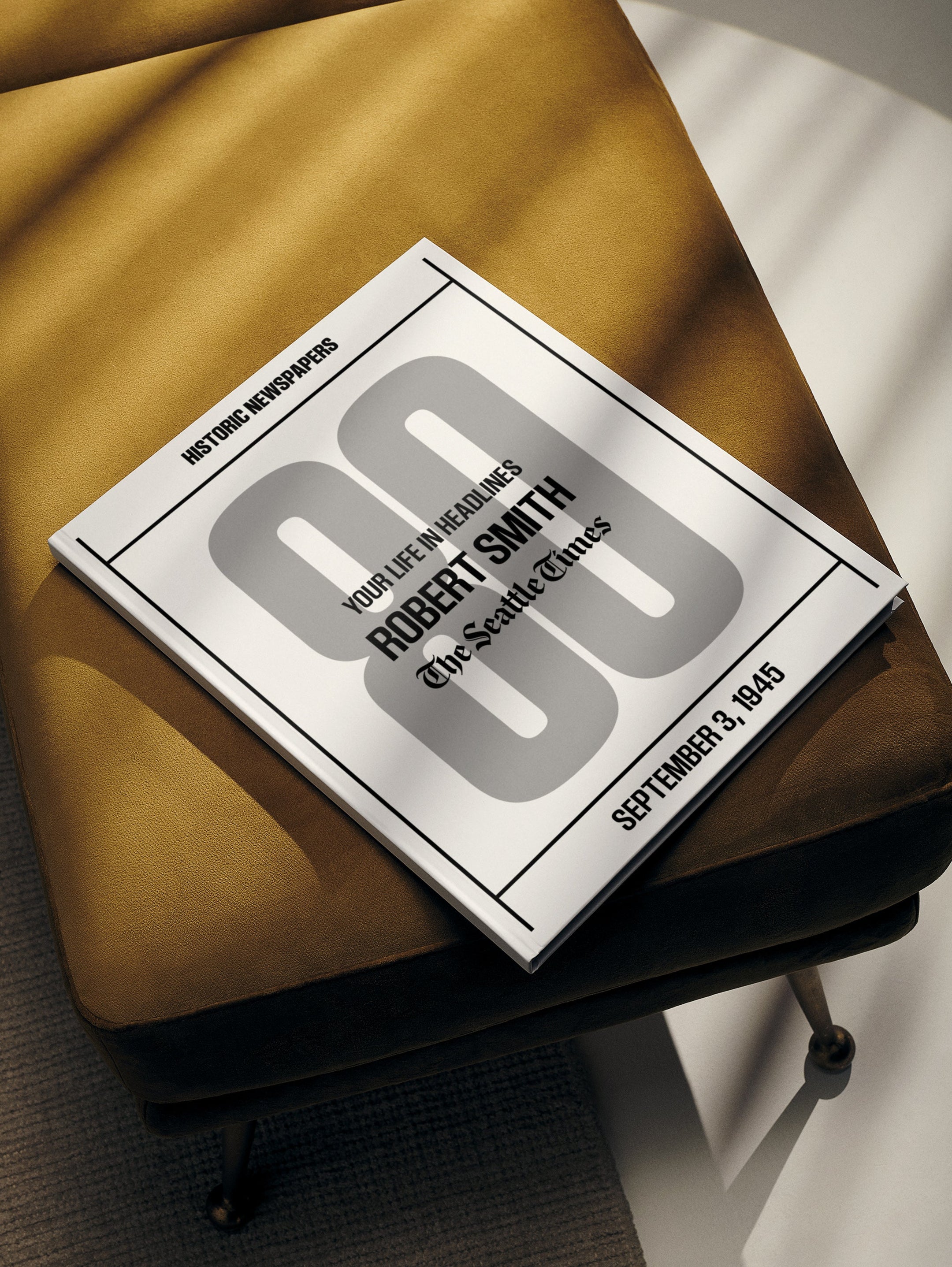 Personalised Seattle Times birthday newspaper book from Historic Newspapers, featuring a milestone edition with a white cover and custom details.