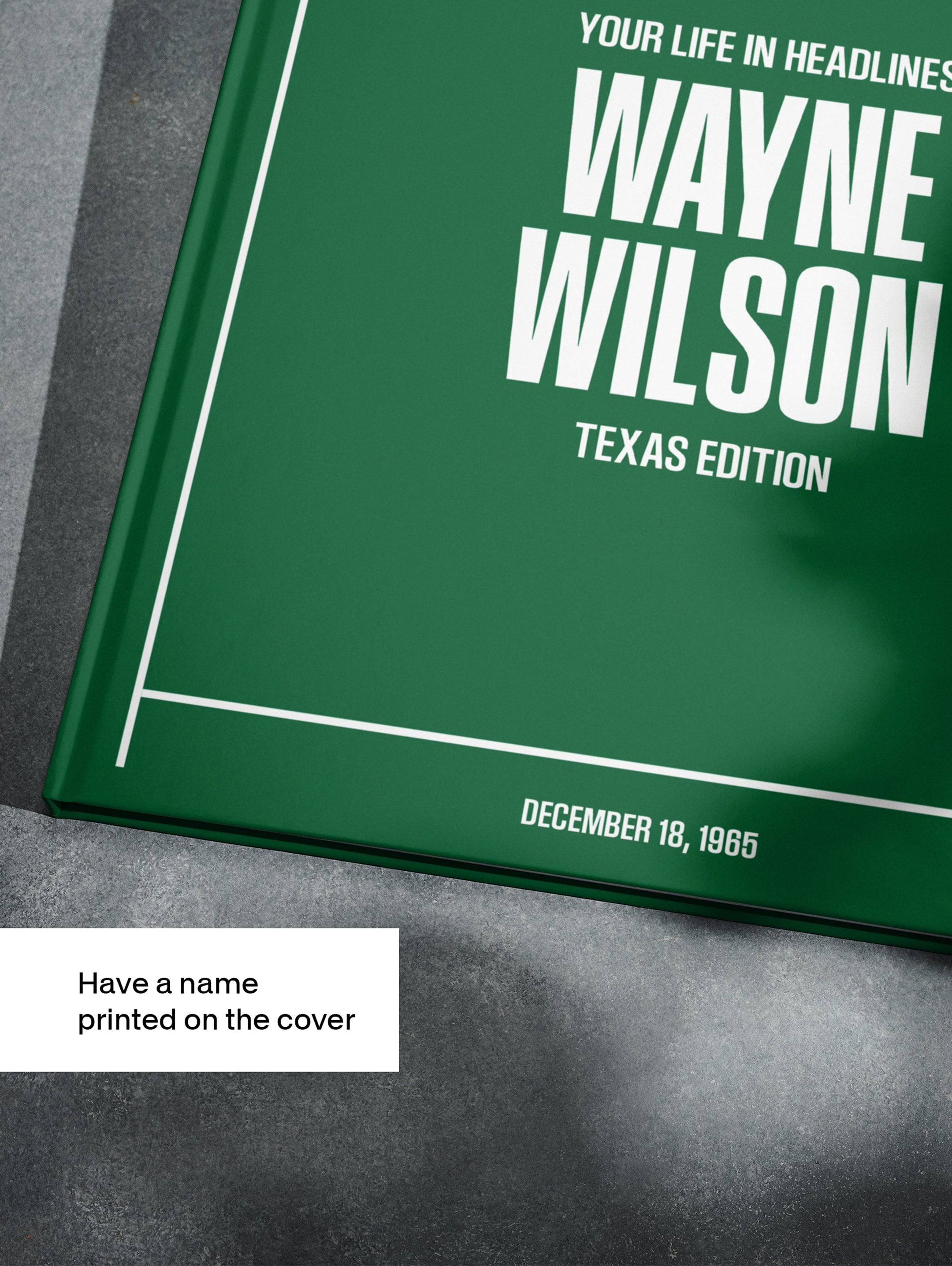 Personalised Texas Edition Birthday Newspaper Book by Historic Newspapers, green cover, featuring historic Texas news clippings.