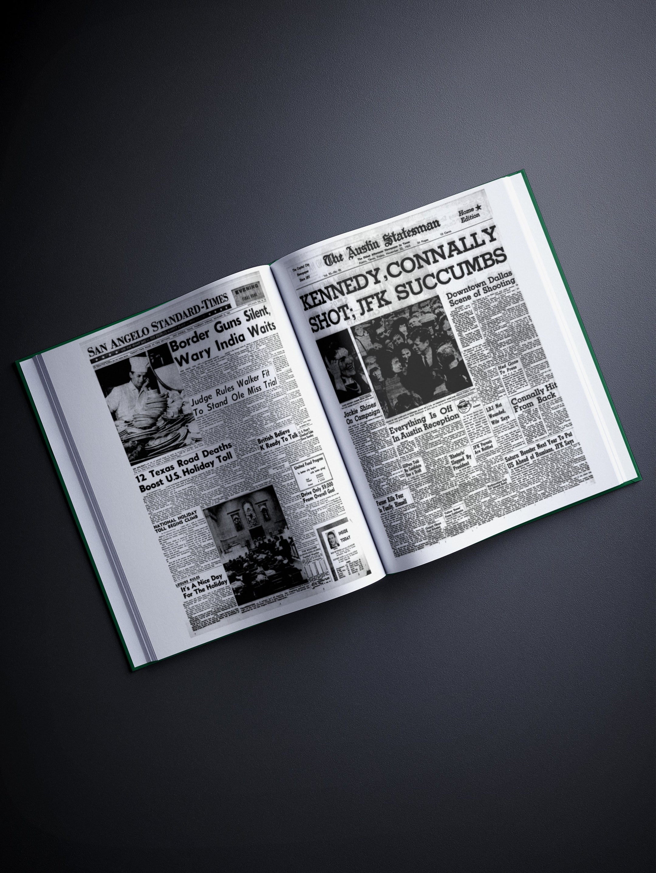 Personalised Texas Birthday Newspaper Book by Historic Newspapers, featuring vintage-style newspaper pages on a green background.