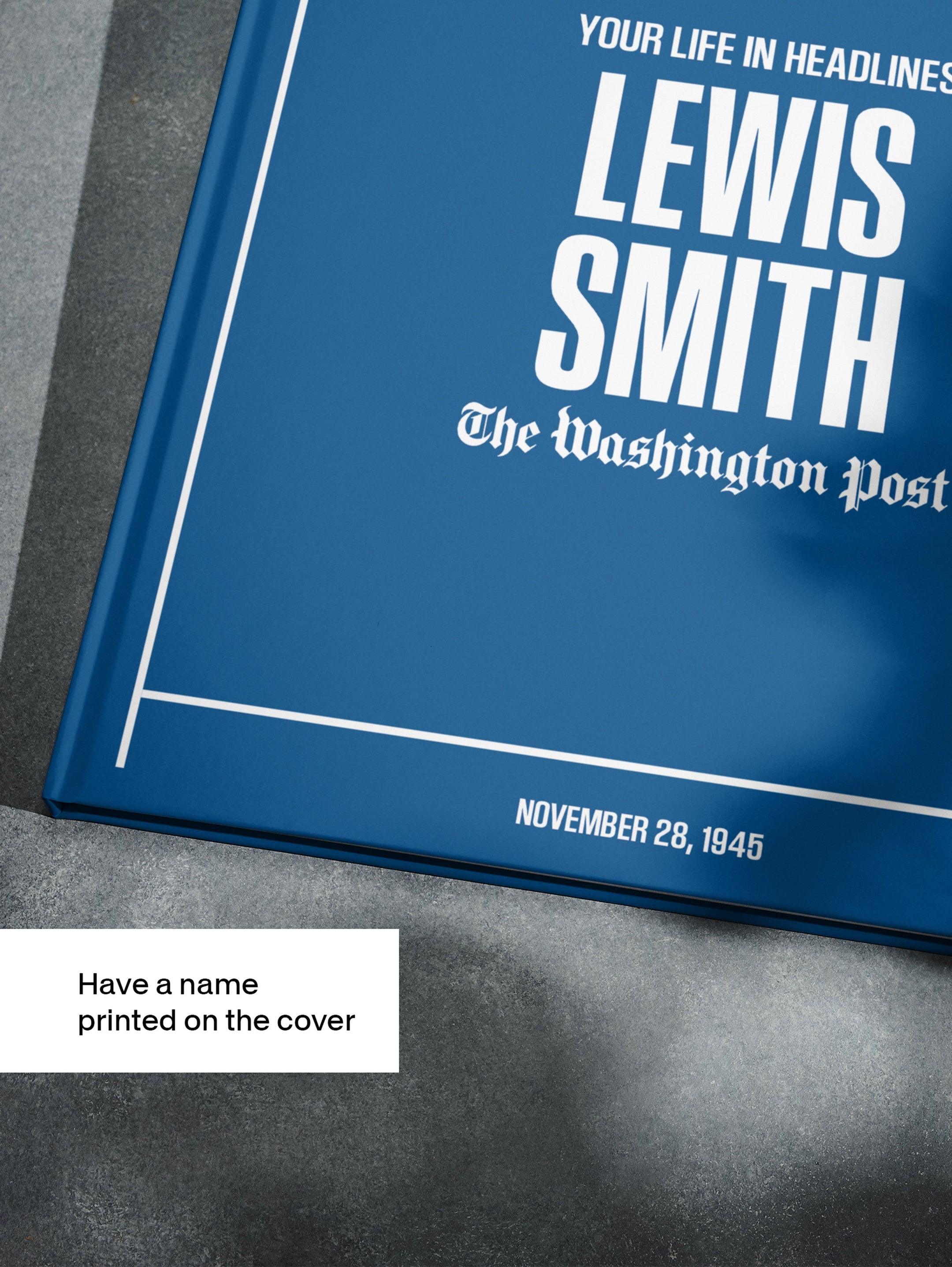 Personalised Washington Post birthday newspaper book from Historic Newspapers, featuring a classic edition displayed on a blue stand.